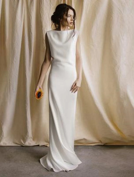 Reception Open Back Simple Wedding Dresses Sheath / Column Scoop Neck Sleeveless Sweep / Brush Train Satin Bridal Gowns With Solid Color Summer Wedding Party