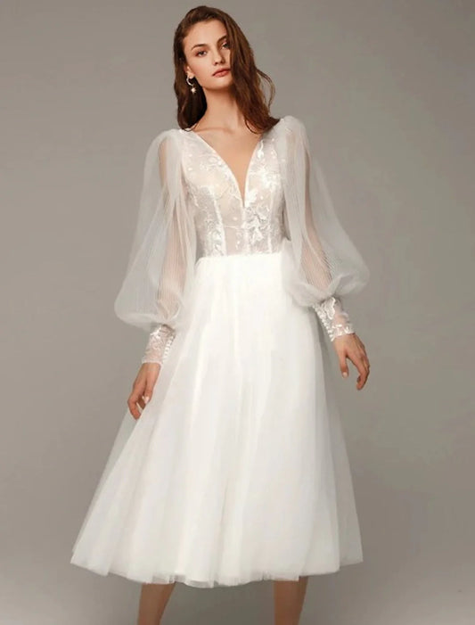 Hall Vintage Little White Dresses Wedding Dresses A-Line V Neck Long Sleeve Tea Length Satin Bridal Gowns With Appliques Solid Color