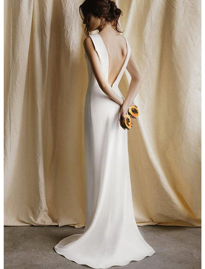 Reception Open Back Simple Wedding Dresses Sheath / Column Scoop Neck Sleeveless Sweep / Brush Train Satin Bridal Gowns With Solid Color Summer Wedding Party