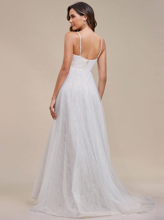 Spaghetti Strap Waist Pearl Sweetheart Collar Tulle Wedding Dress with Lace/No Veils