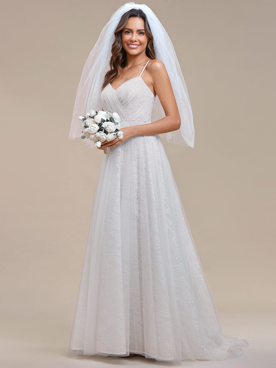 Spaghetti Strap Waist Pearl Sweetheart Collar Tulle Wedding Dress with Lace/No Veils