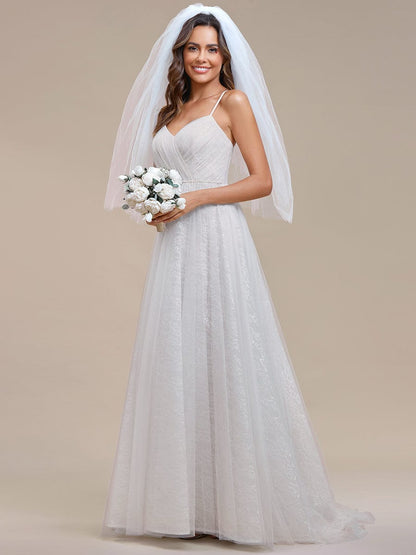 Spaghetti Strap Waist Pearl Sweetheart Collar Tulle Wedding Dress with Lace/No Veils