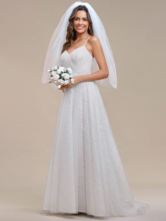 Spaghetti Strap Waist Pearl Sweetheart Collar Tulle Wedding Dress with Lace/No Veils