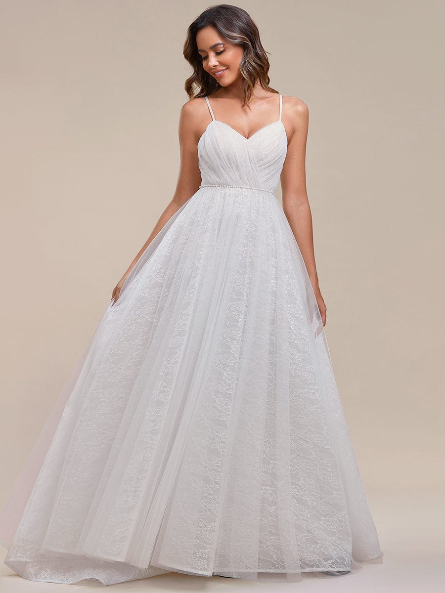 Spaghetti Strap Waist Pearl Sweetheart Collar Tulle Wedding Dress with Lace/No Veils
