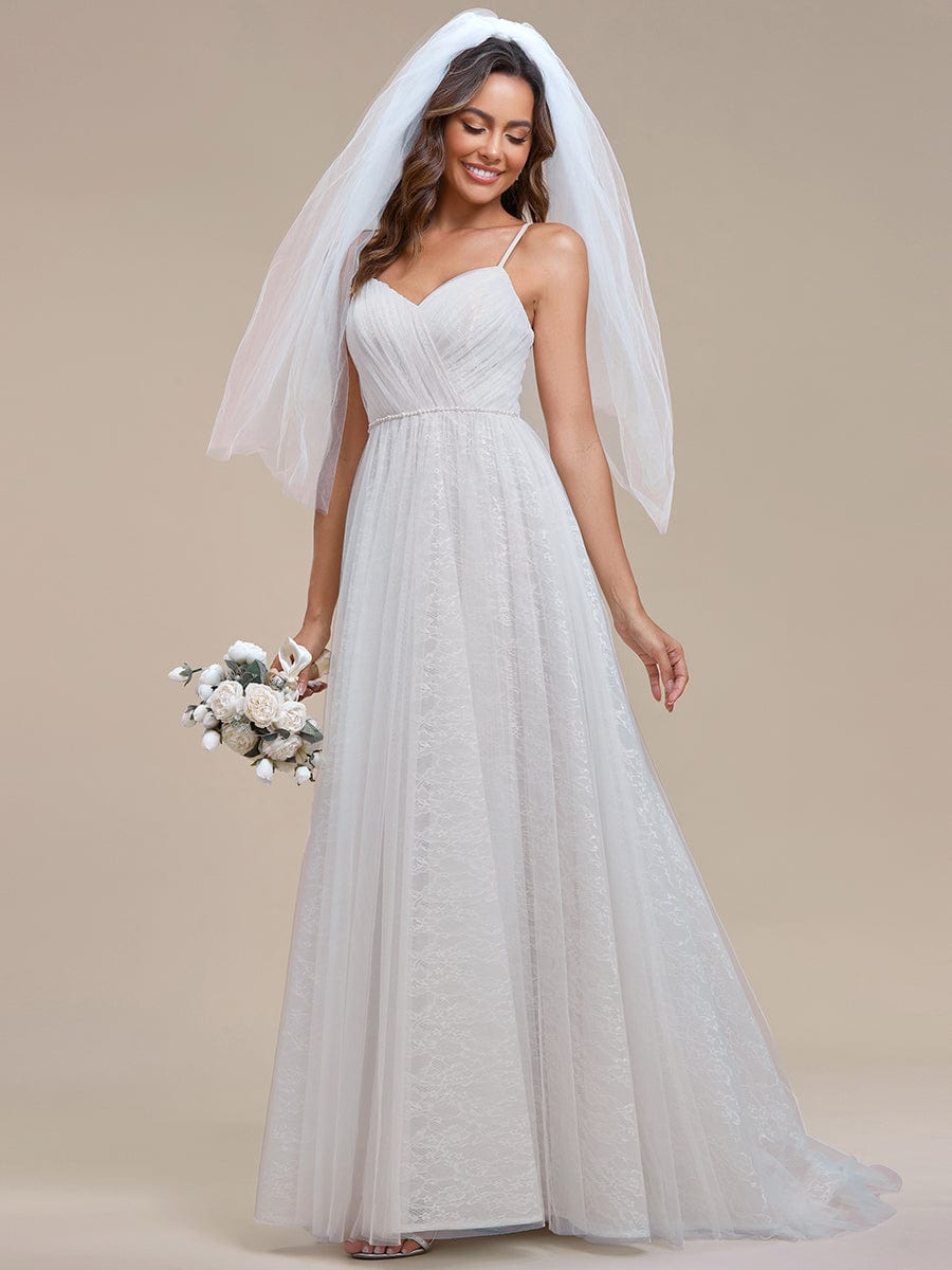 Spaghetti Strap Waist Pearl Sweetheart Collar Tulle Wedding Dress with Lace/No Veils