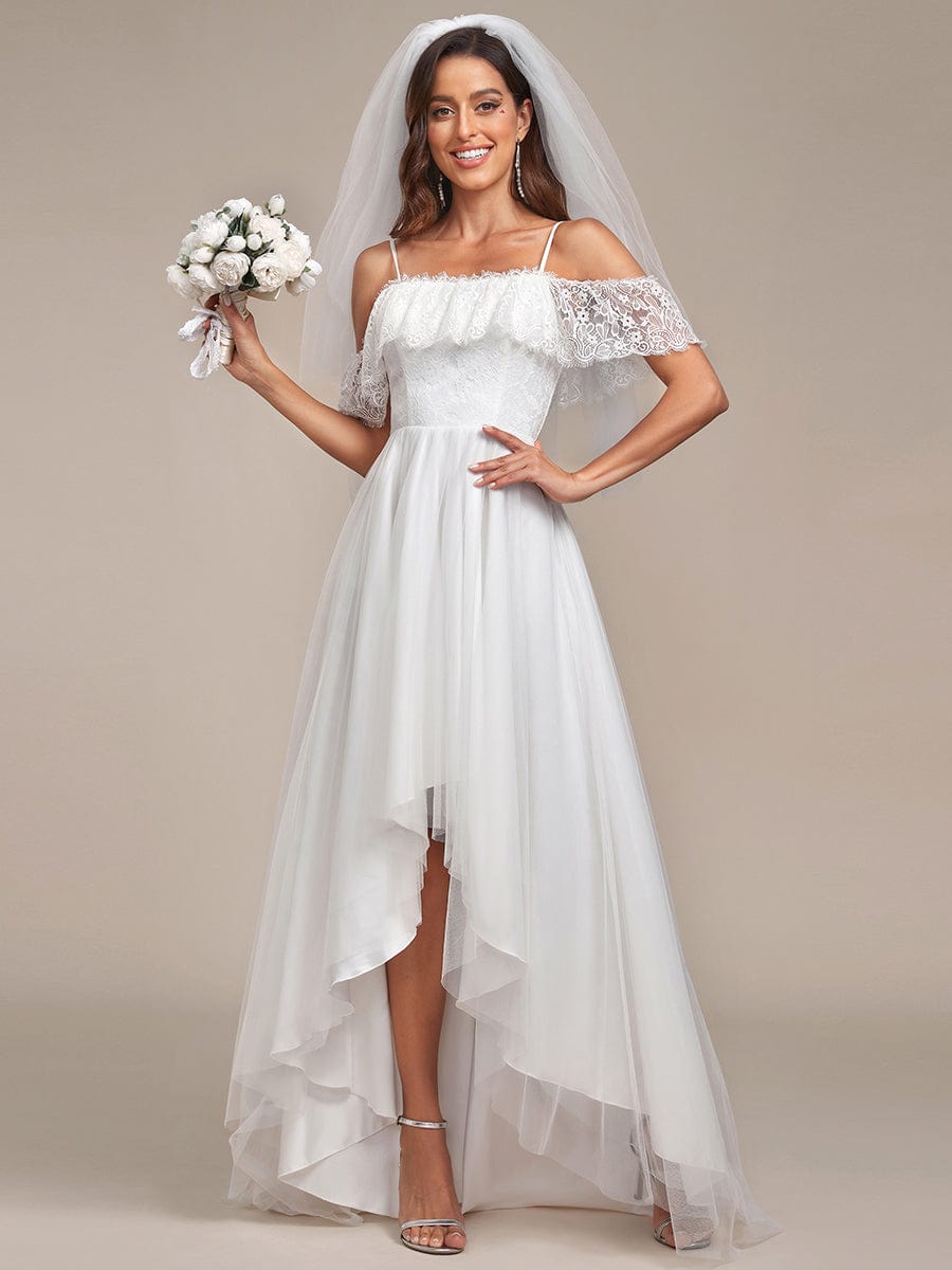 Cold Shoulder Lace High-Low No Veils Wedding Dress