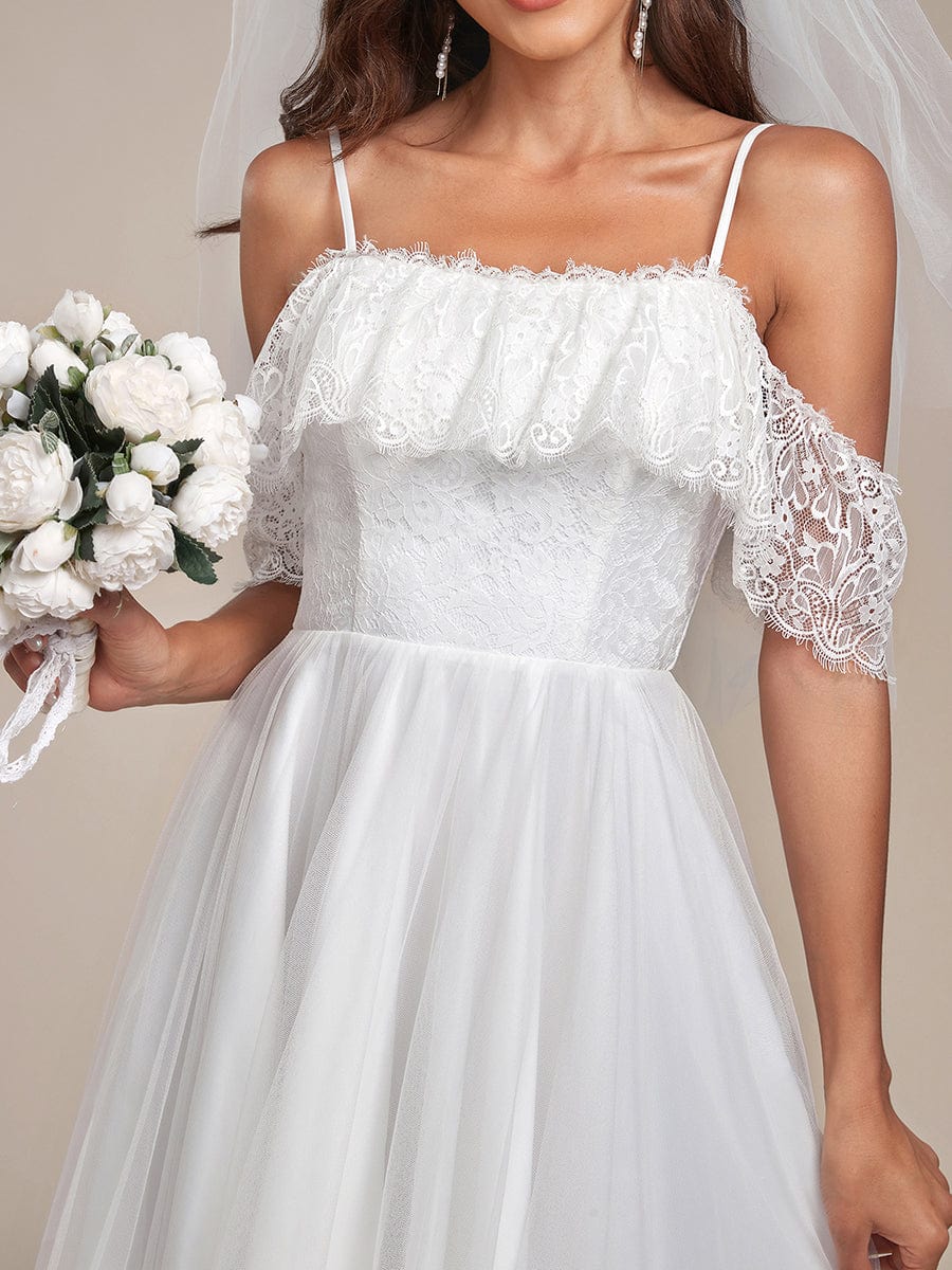 Cold Shoulder Lace High-Low No Veils Wedding Dress