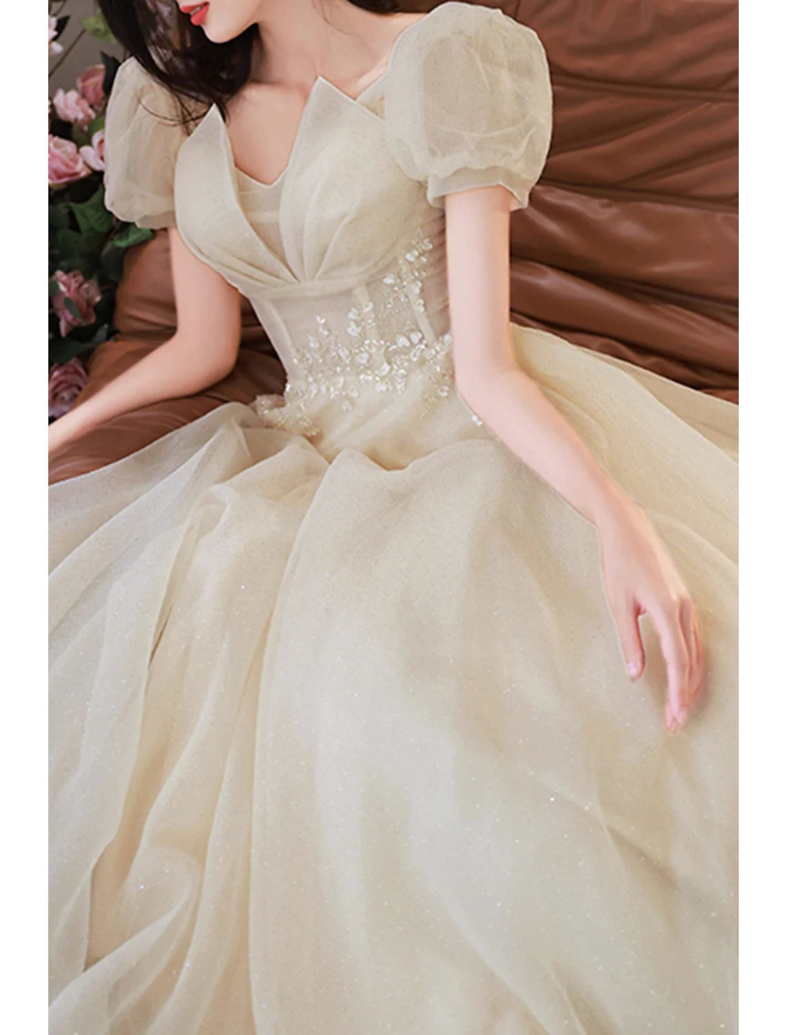 A-Line Prom Party Dress Sparkle & Shine Dress Prom Valentine‘s Day Floor Length Short Sleeve V Neck Tulle