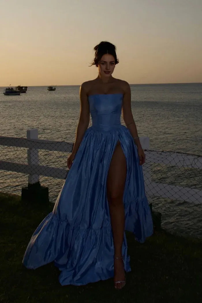 Dress Charming A Line Strapless Blue Satin Maxi Dress Prom Dress With Split Front