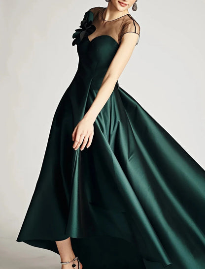 A-Line Wedding Guest Dresses Elegant Black Dress Wedding Guest Wedding Party Asymmetrical Sleeveless Jewel Neck Satin