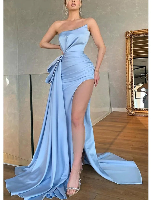 A-Line Evening Gown Elegant Dress Formal Floor Length Sleeveless Strapless Satin