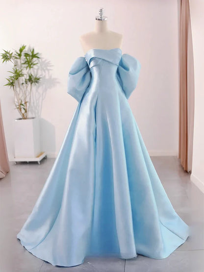 A-Line Sweetheart Neck Satin Blue Long Prom Dress