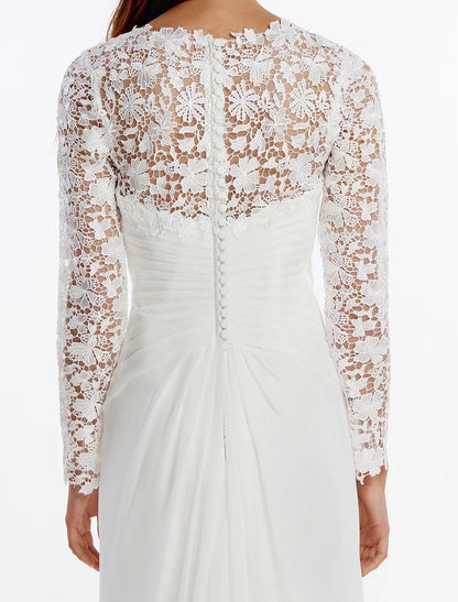 beach Boho Wedding Dresses Sheath / Column V Neck Long Sleeve Sweep / Brush Train Chiffon Bridal Gowns With Lace Buttons