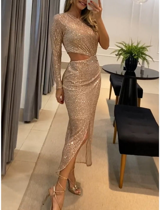Women's Prom Dress Party Dress Sequin Dress Long Dress Maxi Dress Champagne Long Sleeve Pure Color Sequins Spring Fall Winter One Shoulder Fashion Winter Dress Wedding Guest Evening Party
