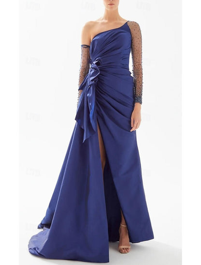 A-Line Evening Gown Black Dress Dress Formal Floor Length Long Sleeve One Shoulder Satin with Bow(s) Beading