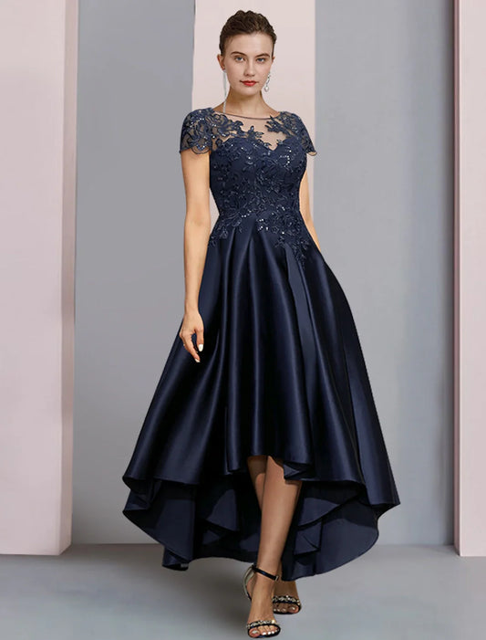 Navy Lace‑Sequins A‑Line Round‑Neck Short‑Sleeve Illusion‑Back High‑Low Mother Of The Bride Dress