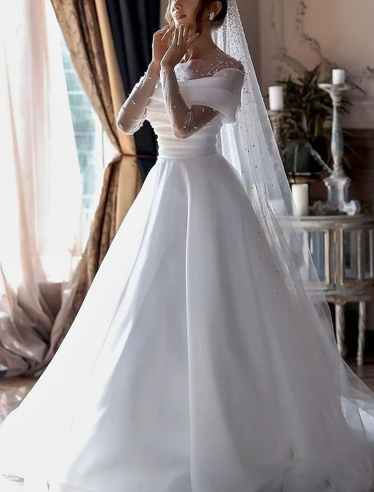 Simple Wedding Dresses A-Line Sheer Neck Long Sleeve Court Train Chiffon Bridal Gowns