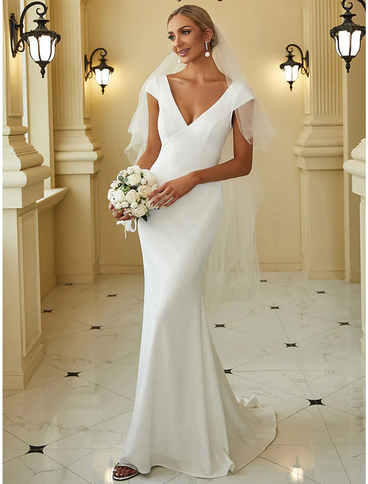 Reception Simple Wedding Dresses Mermaid / Trumpet V Neck Cap Sleeve Sweep / Brush Train Stretch Fabric Bridal Gowns With Draping Solid Color/Headveil Not Included