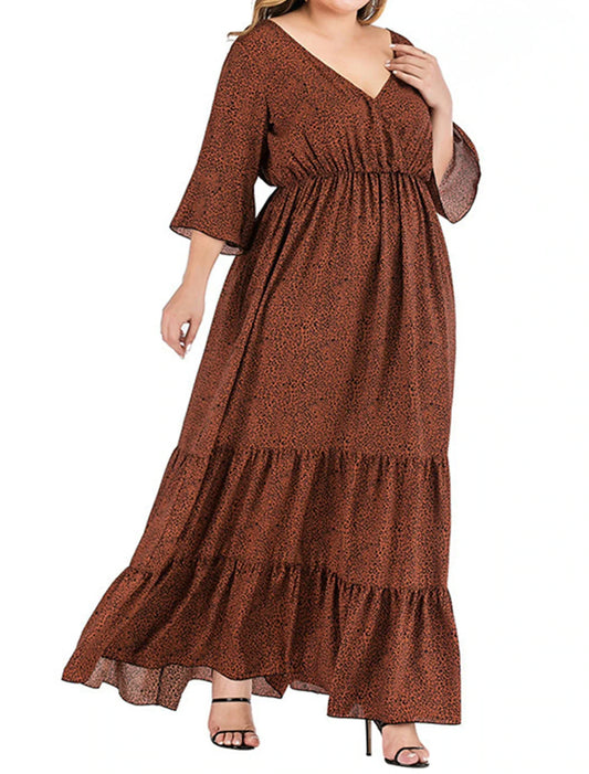 Women's Plus Size Prom Dress Party Dress Wedding Guest Dress Long Dress Maxi Dress Brown 3/4 Length Sleeve Summer Spring Fall V Neck Elegant Wedding Guest Birthday Evening Party