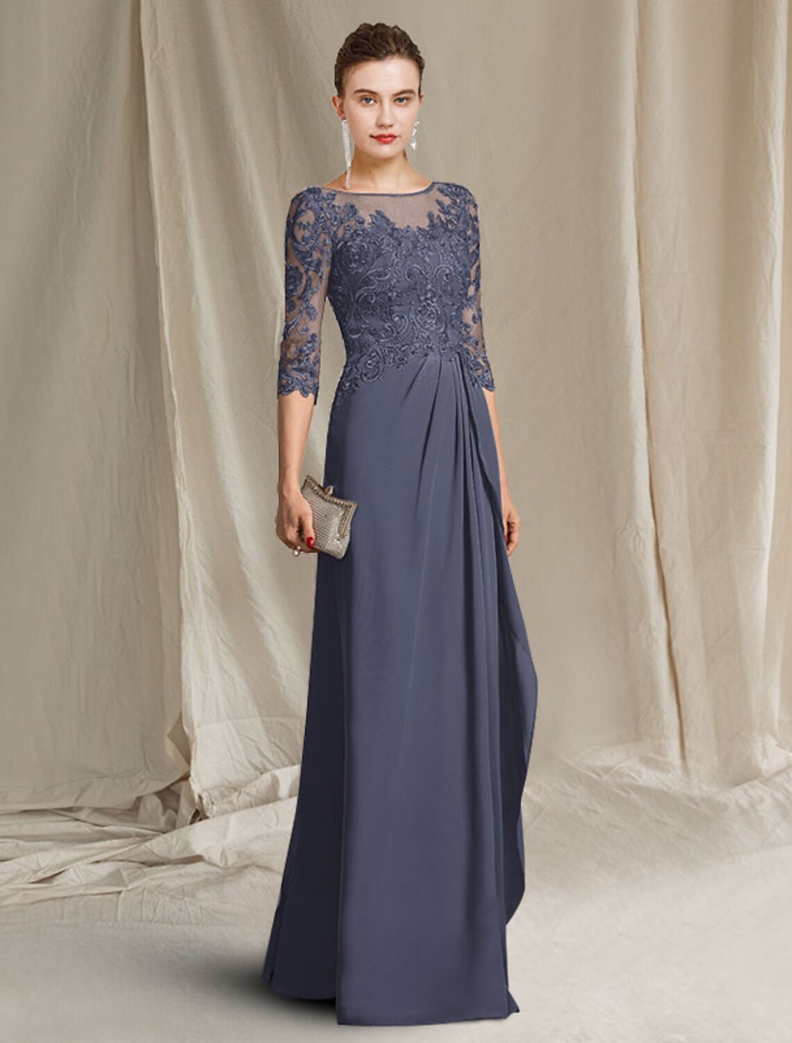 A-Line Mother of the Bride Dress Elegant V Neck Floor Length Chiffon Lace Half Sleeve with Draping Appliques