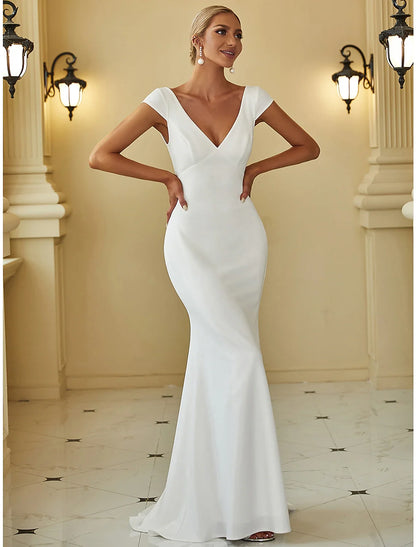 Reception Simple Wedding Dresses Mermaid / Trumpet V Neck Cap Sleeve Sweep / Brush Train Stretch Fabric Bridal Gowns With Draping Solid Color/Headveil Not Included