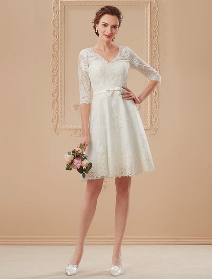 Reception Little White Dresses Wedding Dresses A-Line V Neck Half Sleeve Knee Length Lace Bridal Gowns With Bowknot Sash / Ribbon