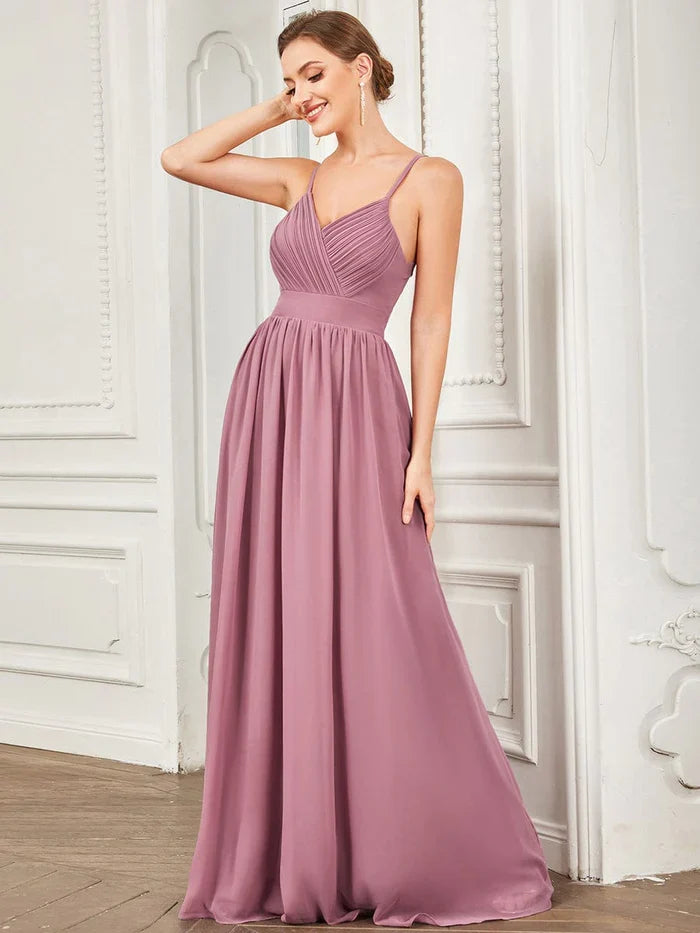 Chiffon Spaghetti Strap V-Neck Pleated A-Line Bridesmaid Dress
