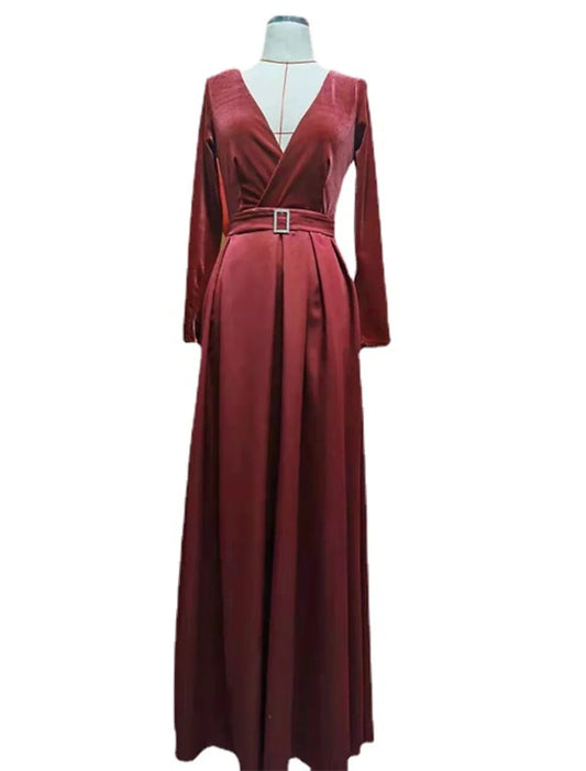 Women's Party Dress Velvet Dress Red Long Dress Maxi Dress Wine Long Sleeve Pure Color Ruched Pleated Split Winter Fall V Neck Party Hot Elegant Fall Dress Winter Dress