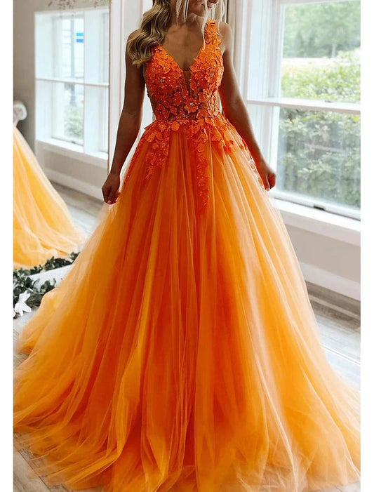 A-Line Prom Dresses Open Back Dress Formal Wedding Guest Floor Length Sleeveless V Neck Tulle Backless