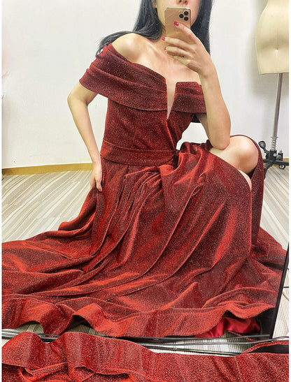 A-Line Evening Gown Sparkle & Shine Dress Formal Fall Court Train Sleeveless Off Shoulder Sequined