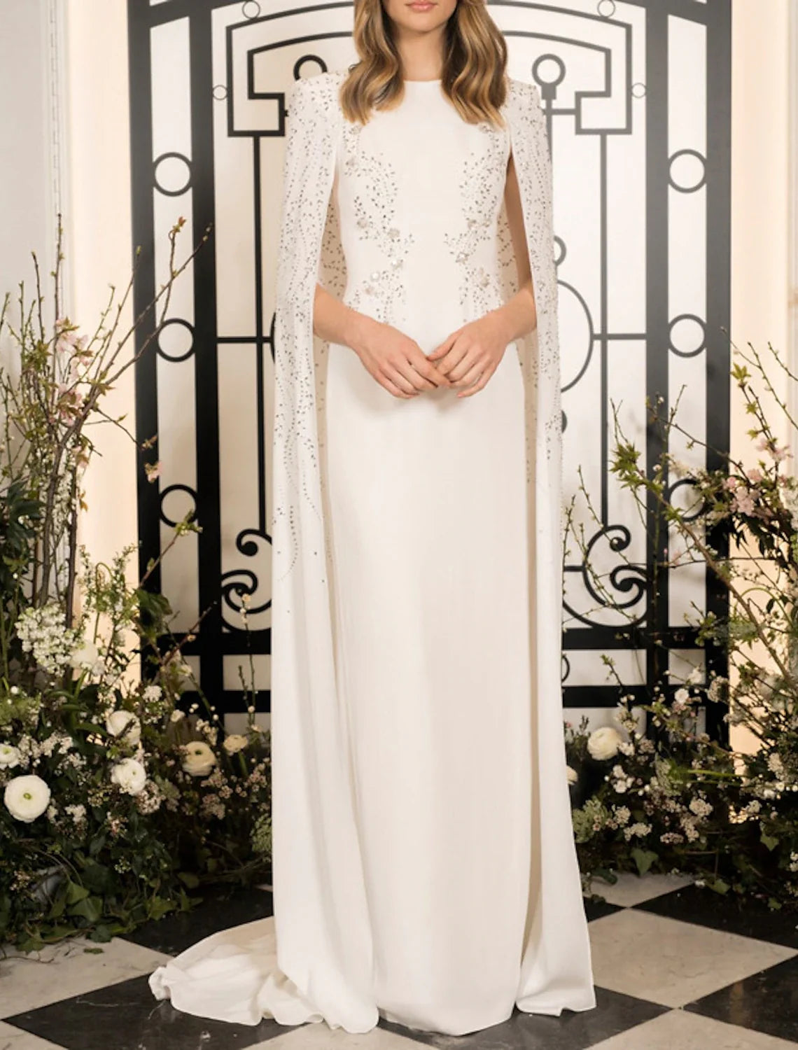Sheath / Column Prom Gown Elegant Dress Wedding Guest Wedding Party Floor Length Sleeveless Jewel Neck Capes Stretch Chiffon