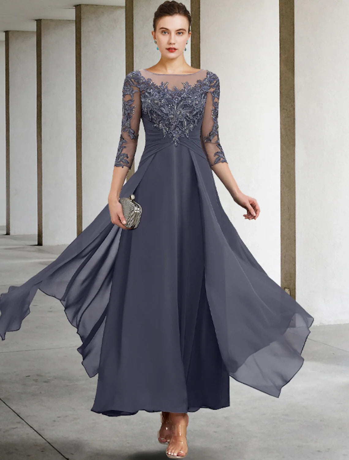 A-Line Mother of the Bride Dress Appliques Fall Wedding Guest Elegant Scoop Neck Ankle Length Chiffon Lace Sequin 3/4 Length Sleeve with Ruched