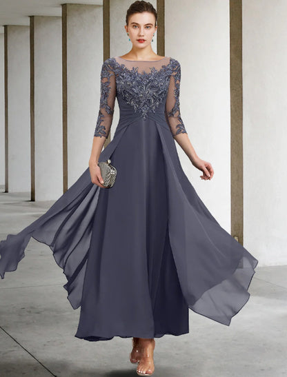 A-Line Mother of the Bride Dress Appliques Fall Wedding Guest Elegant Scoop Neck Ankle Length Chiffon Lace Sequin 3/4 Length Sleeve with Ruched