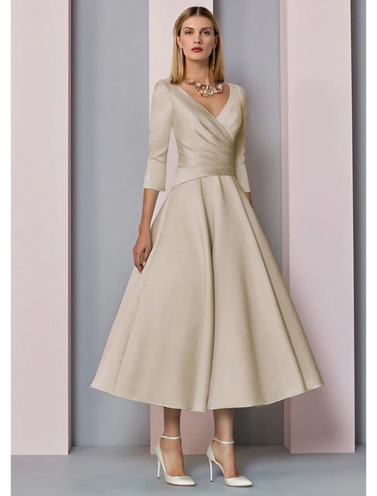 A-Line Mother of the Bride Dress Wedding Guest Vintage Elegant Formal Party 3/4 Sleeve Satin V Neck Tea Length with Pleats