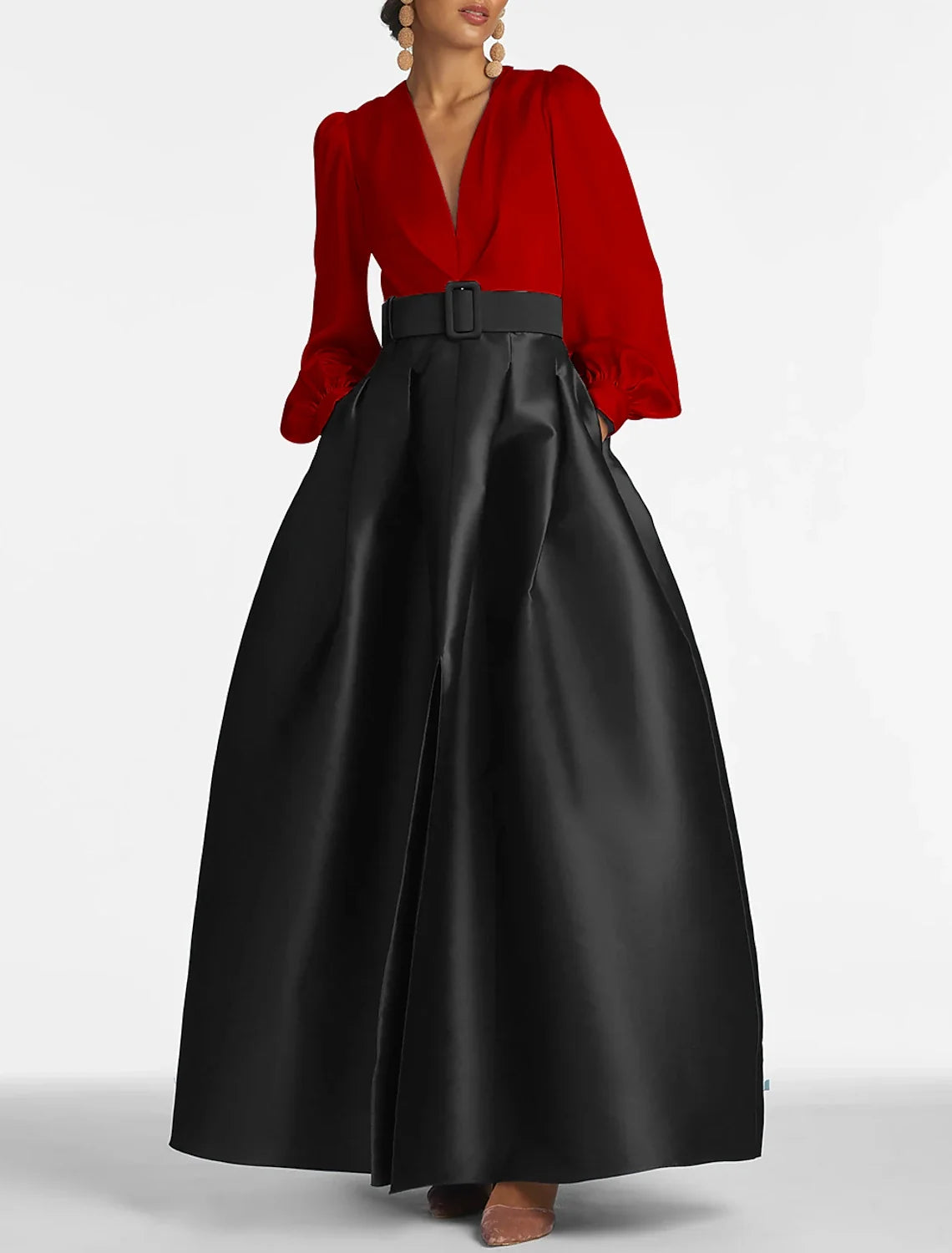 A-Line Satin Green Dress Formal Wedding Guest Dress Elegant Evening Gown High Split Pocket Long Sleeve Floor Length Color Block V Neck Belt