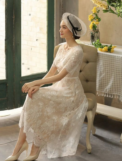 Reception Wedding Dresse Vintage Simple Wedding Dressess A-Line Off Shoulder Cap Sleeve Tea Length Satin Bridal Gowns With Pleats Summer Wedding Party