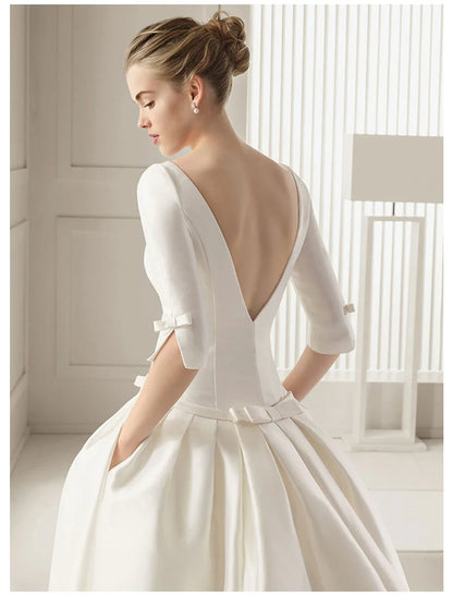 Engagement Formal Wedding Dresses A-Line Scoop Neck Half Sleeve Court Train Satin Bridal Gowns With Bow(s) Pleats