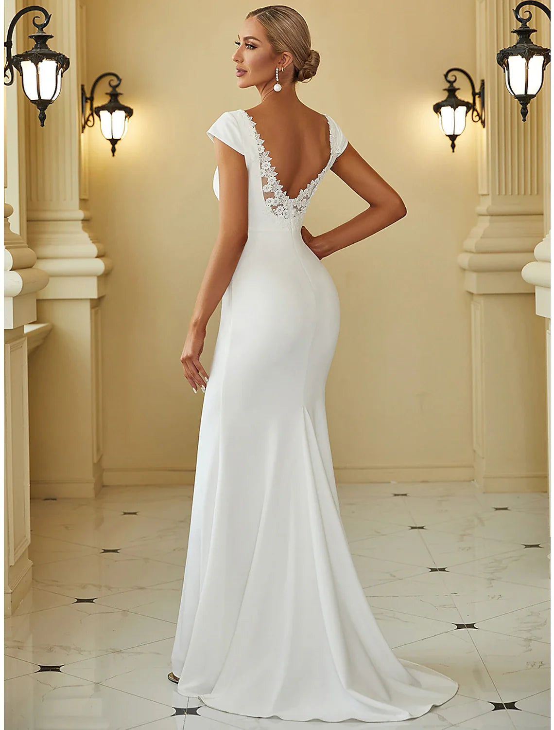 Reception Simple Wedding Dresses Mermaid / Trumpet V Neck Cap Sleeve Sweep / Brush Train Stretch Fabric Bridal Gowns With Draping Solid Color/Headveil Not Included