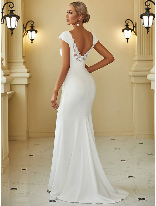 Reception Simple Wedding Dresses Mermaid / Trumpet V Neck Cap Sleeve Sweep / Brush Train Stretch Fabric Bridal Gowns With Draping Solid Color/Headveil Not Included