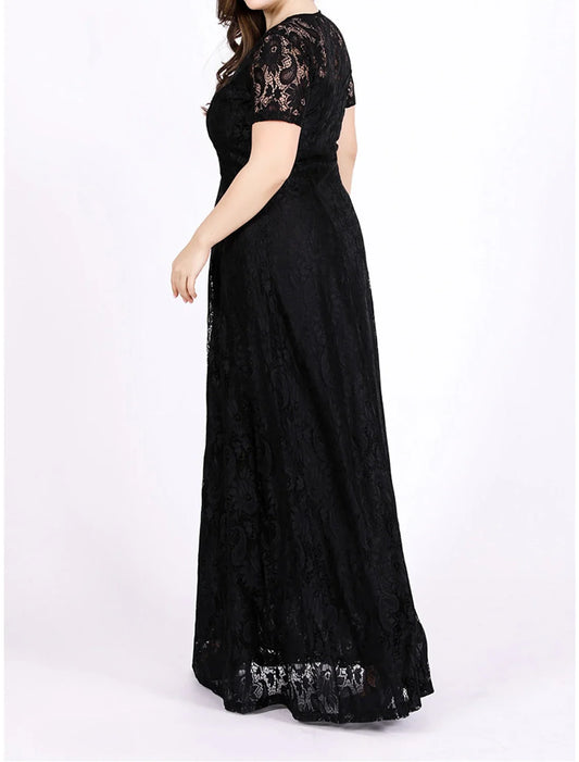 Women's Plus Size Black Dress Prom Dress Party Dress Long Dress Maxi Dress Black White Short Sleeve Plain Lace Summer Spring Fall Crew Neck Elegant Wedding Guest Birthday Evening Party