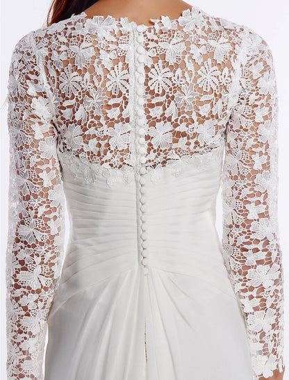 beach Boho Wedding Dresses Sheath / Column V Neck Long Sleeve Sweep / Brush Train Chiffon Bridal Gowns With Lace Buttons