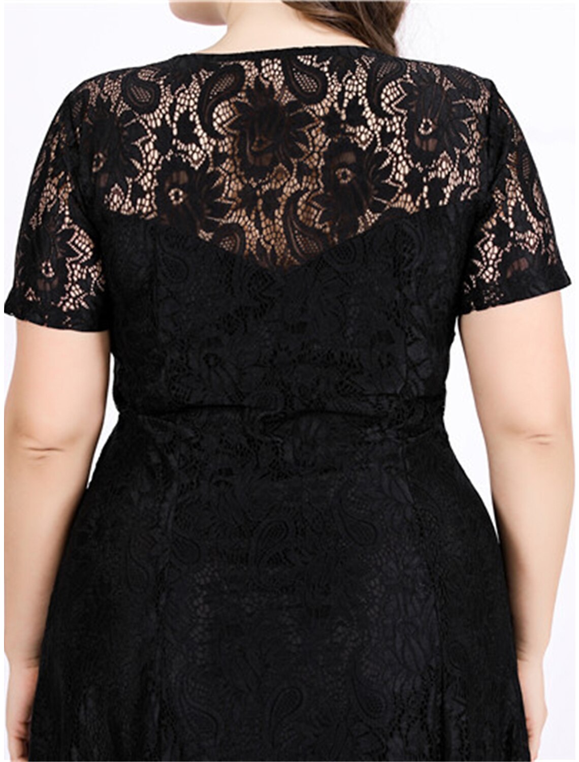 Women's Plus Size Black Dress Prom Dress Party Dress Long Dress Maxi Dress Black White Short Sleeve Plain Lace Summer Spring Fall Crew Neck Elegant Wedding Guest Birthday Evening Party