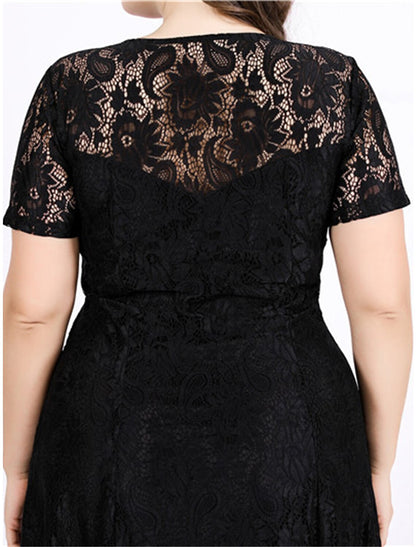 Women's Plus Size Black Dress Prom Dress Party Dress Long Dress Maxi Dress Black White Short Sleeve Plain Lace Summer Spring Fall Crew Neck Elegant Wedding Guest Birthday Evening Party
