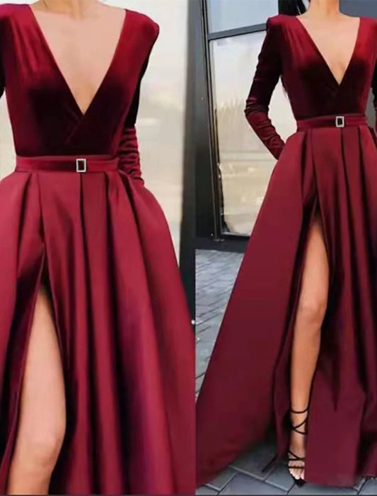Women's Party Dress Velvet Dress Red Long Dress Maxi Dress Wine Long Sleeve Pure Color Ruched Pleated Split Winter Fall V Neck Party Hot Elegant Fall Dress Winter Dress