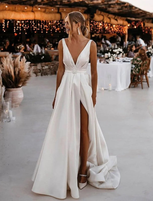Beach Simple Wedding Dresses A-Line V Neck Sleeveless Court Train Satin Bridal Gowns With Sashes