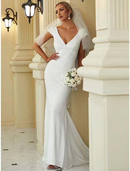 Reception Simple Wedding Dresses Mermaid / Trumpet V Neck Cap Sleeve Sweep / Brush Train Stretch Fabric Bridal Gowns With Draping Solid Color/Headveil Not Included