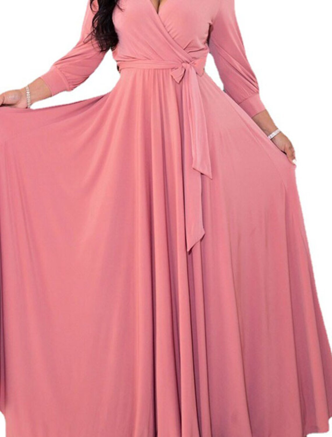 Women‘s Plus Size Curve Party Dress Solid Color V Neck Ruched Long Sleeve Winter Fall Elegant Prom Dress Maxi long Dress Formal Party Dress