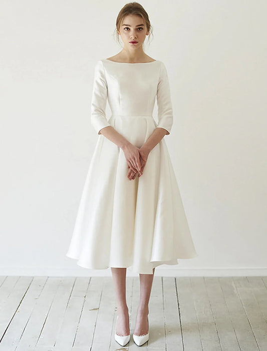Bridal Shower Wedding Dresses Vintage Simple Wedding Dresses A-Line Illusion Neck Sleeveless Tea Length Lace Bridal Gowns With Appliques Summer Wedding Party