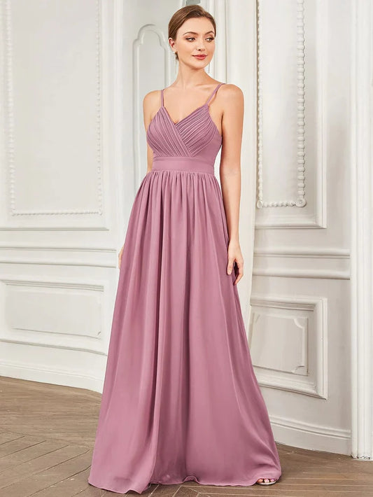 Mauve Chiffon A‑Line Pleated V‑Neck Spaghetti‑Strap Keyhole Open‑Back Floor‑Length Bridesmaid Dresses