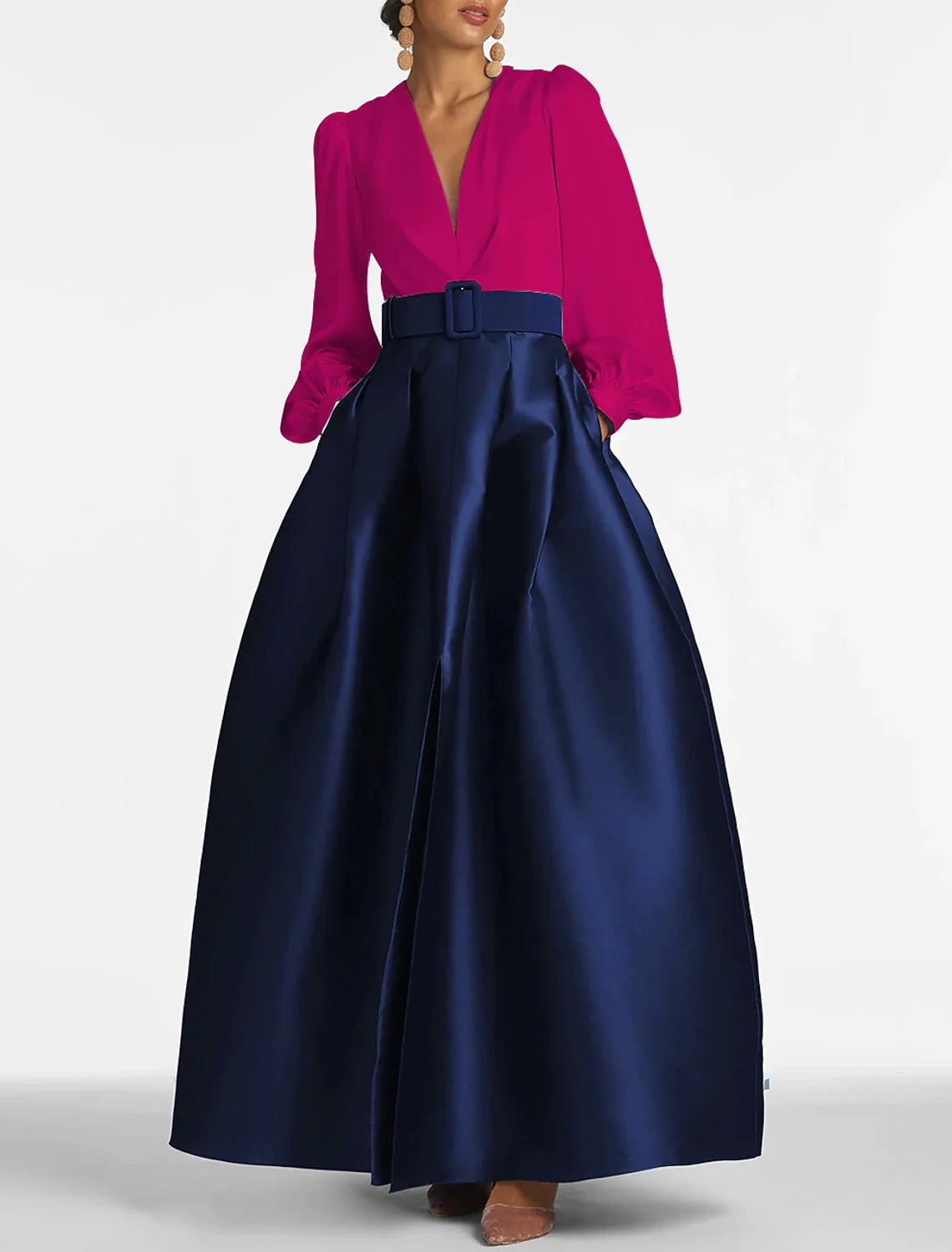 A-Line Satin Green Dress Formal Wedding Guest Dress Elegant Evening Gown High Split Pocket Long Sleeve Floor Length Color Block V Neck Belt